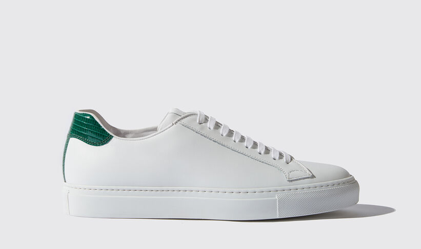 Men's White Sneakers - Green Lizard Leather Tab - Virginio | Scarosso